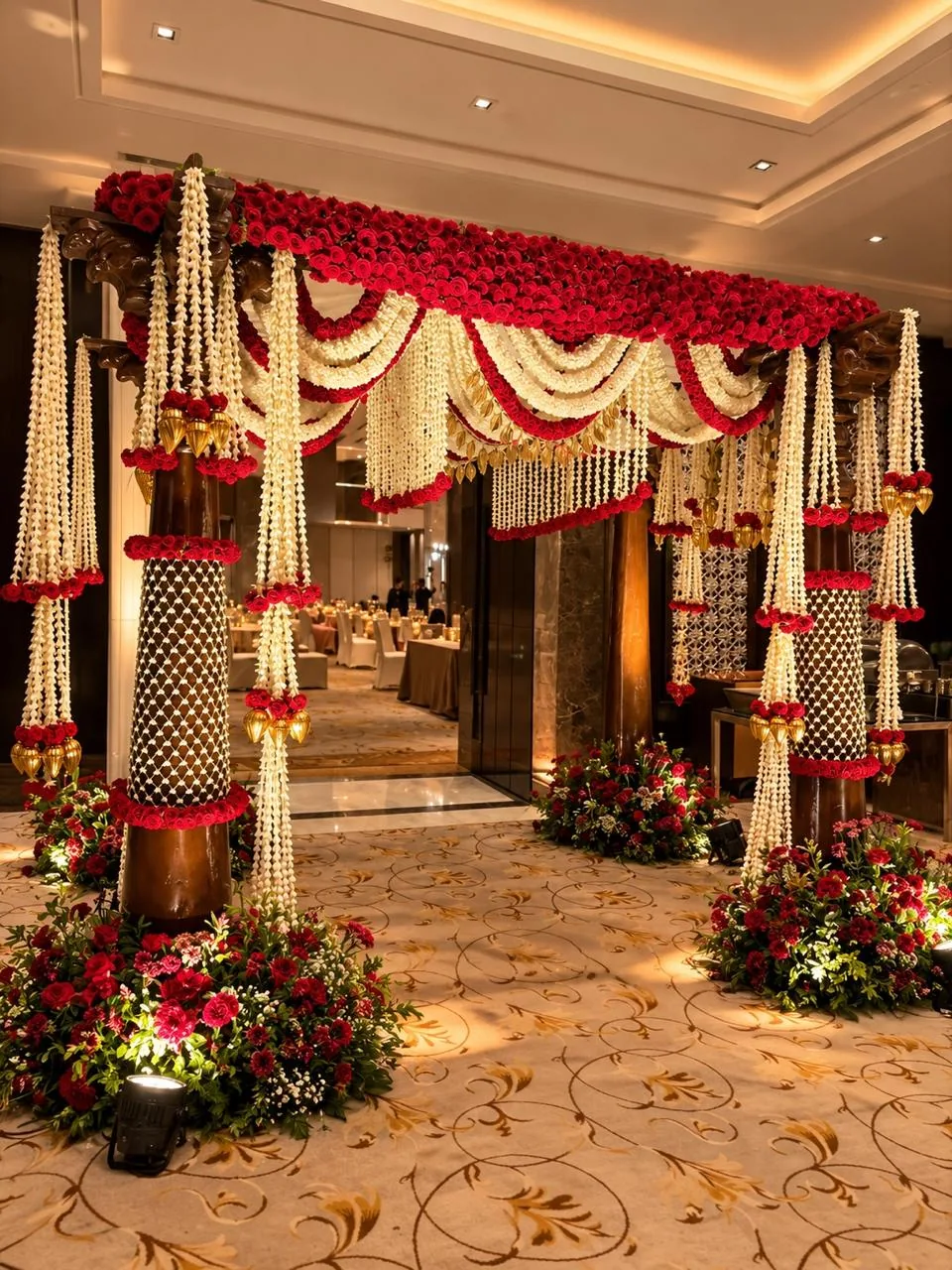 Jasmine and red rose entrance arch on carved wooden pillars — completed Panigrahana work