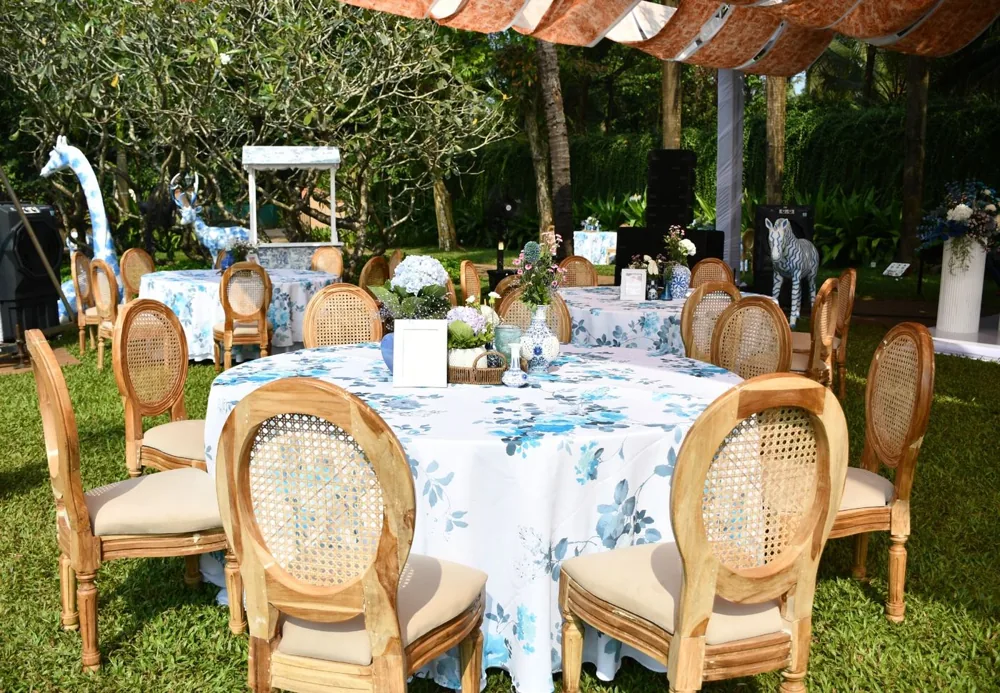 Blue toile garden table cane chairs — completed Panigrahana work