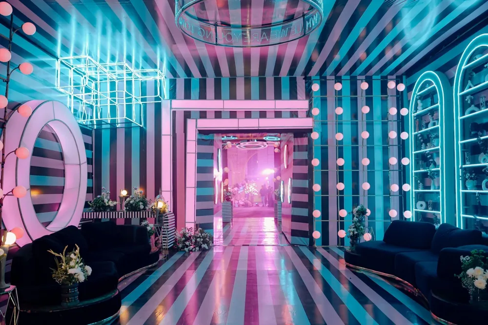 Candy stripe neon sangeet lounge — Panigrahana decor portfolio