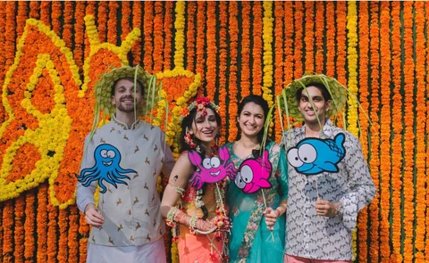 Marigold backdrop for a colourful haldi celebration at The Zuri Kumarakom